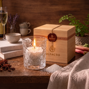 QUBO candela a sabbia Champagne e Rabarbaro con box regalo in legno