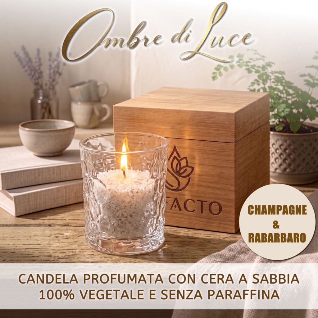 QUBO candela a sabbia Champagne e Rabarbaro con box regalo in legno