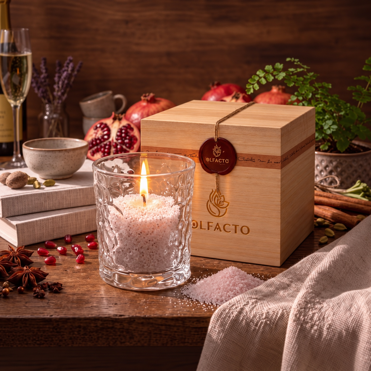 QUBO candela a sabbia Melograno e spezie con box regalo in legno - Olfacto.it - Candele a sabbia QUBO candela a sabbia Melograno e spezie con box regalo in legno