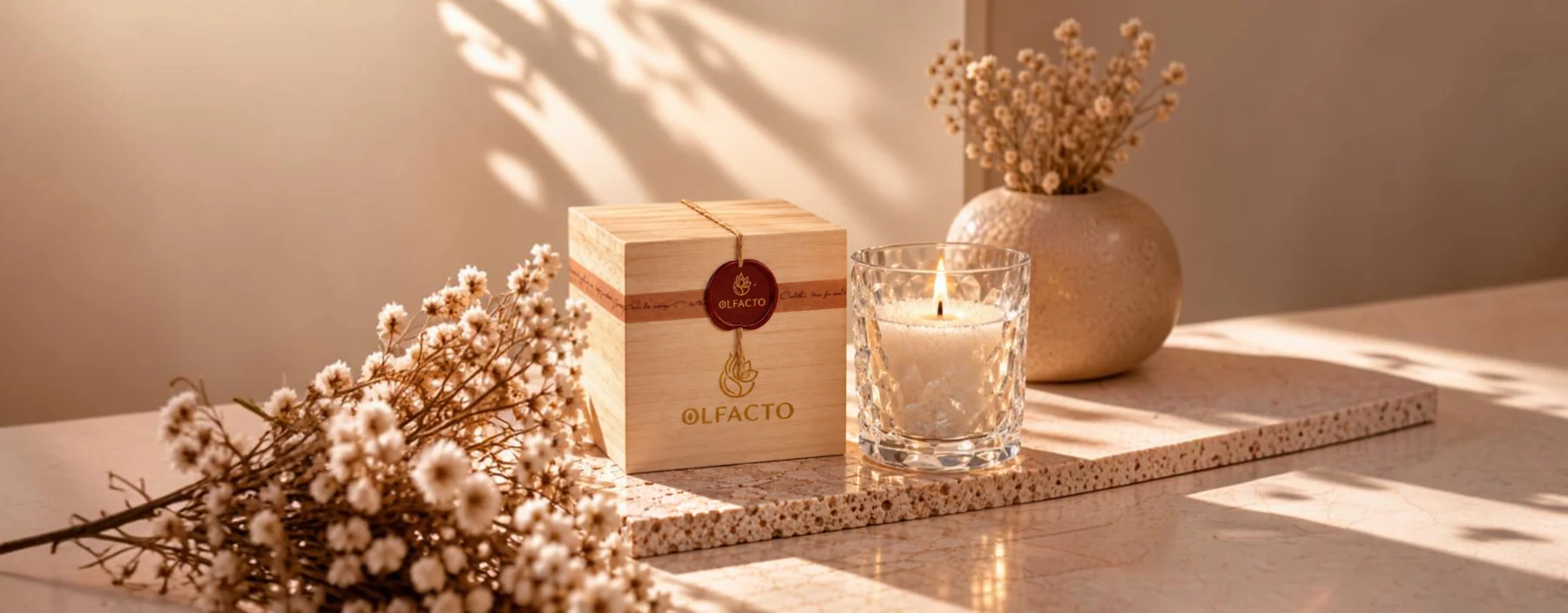 Confezione regalo QUBO in legno con candela OLFACTO accesa