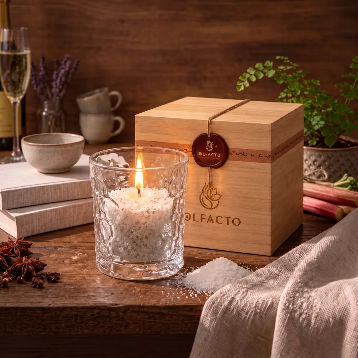 Composizione con candela OLFACTO fragranza Champagne E Rabarbaro